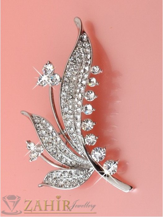 Дамски бижута - Блестящи бели кристали на сребриста брошка цвете с листенца, размери 6 на 2 см, класически модел - B1280